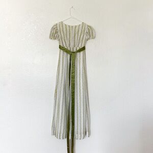 Vintage 1960s Gown Green and White Striped Dress with Ribbon Bow Floral Empire S